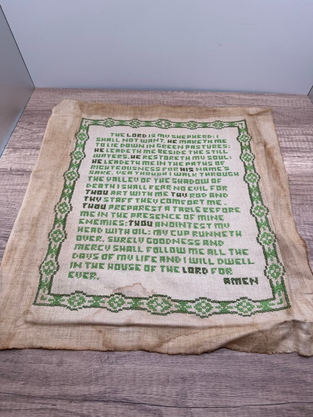 Vintage Hand Embroidered Cross Stitch Sampler -Psalm 23 -The Lord Is My Shepherd